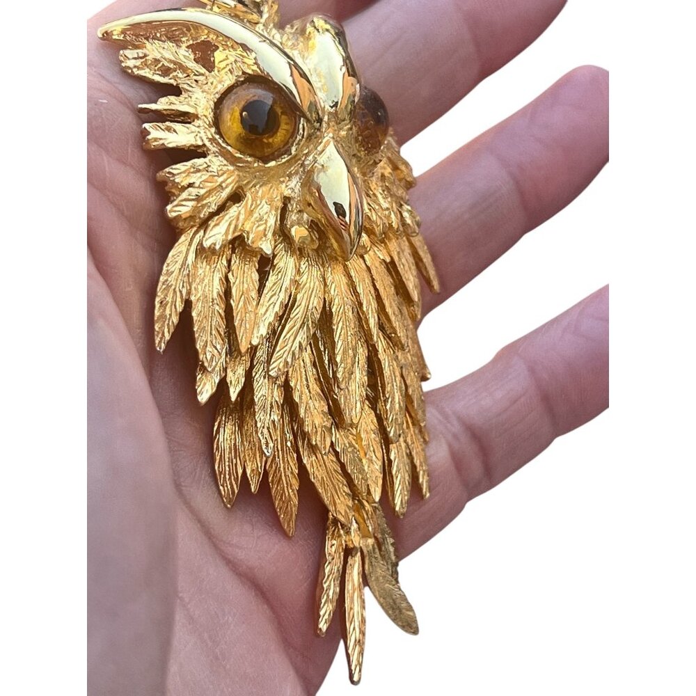Vintage Gold-Tone Articulated Owl Pendant With Amber Colored Eyes 3.25 Inches No - Picture 3 of 5